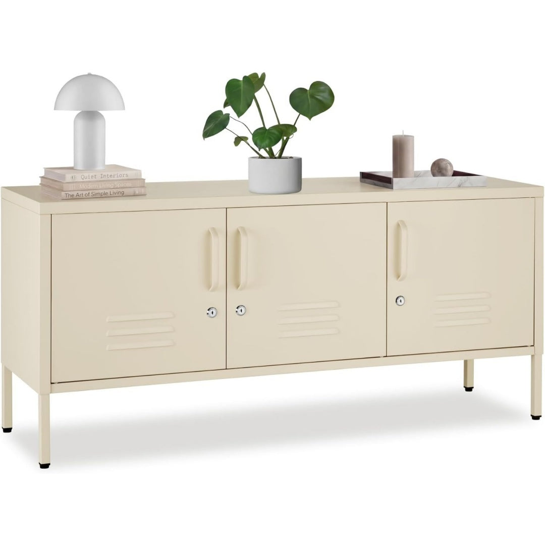 Commode structure en acier gris clair 3 portes laque brillant