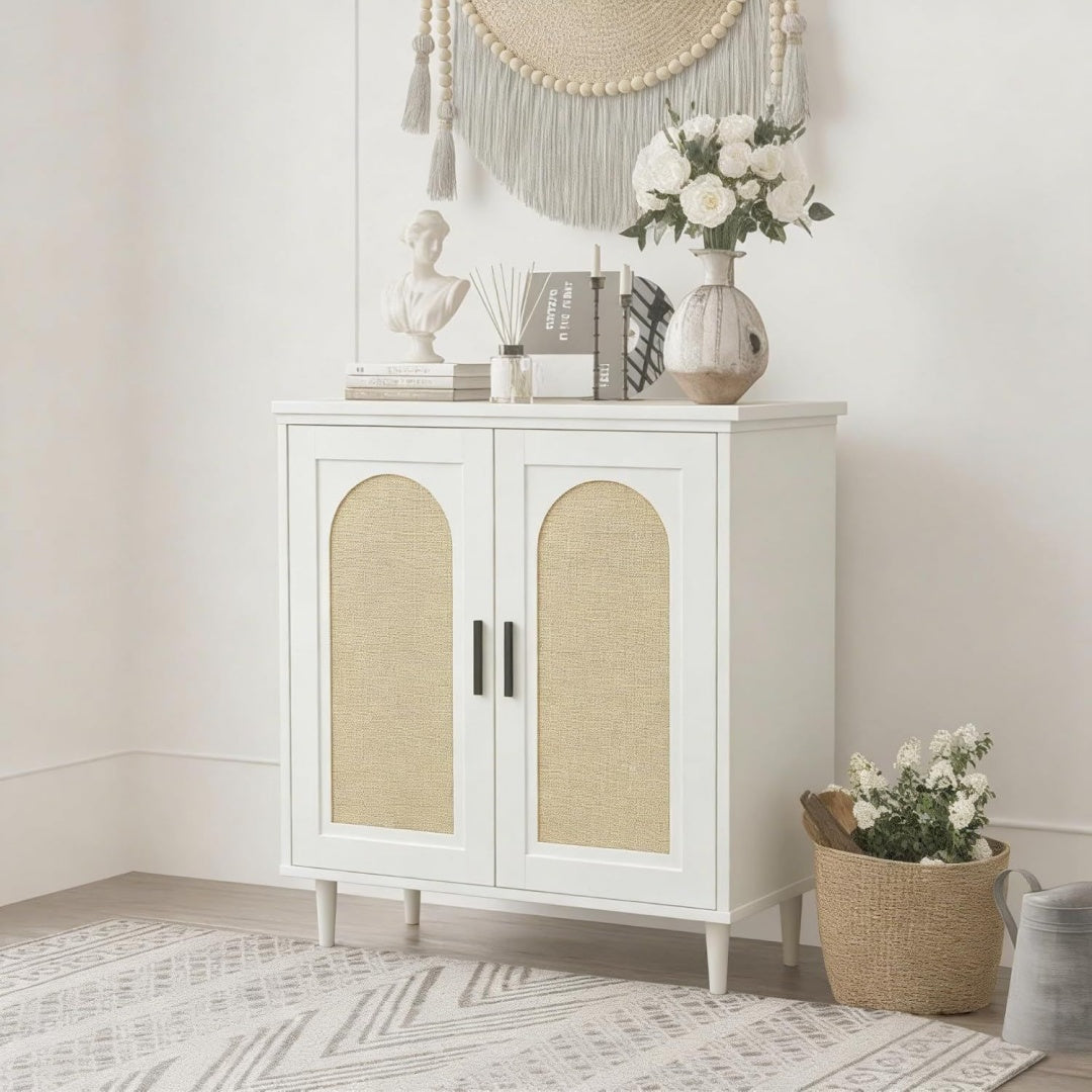 Enfilade gris clair tressage cannage a 2 portes bois ingenierie
