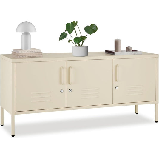Commode structure en acier gris clair 3 portes laque brillant