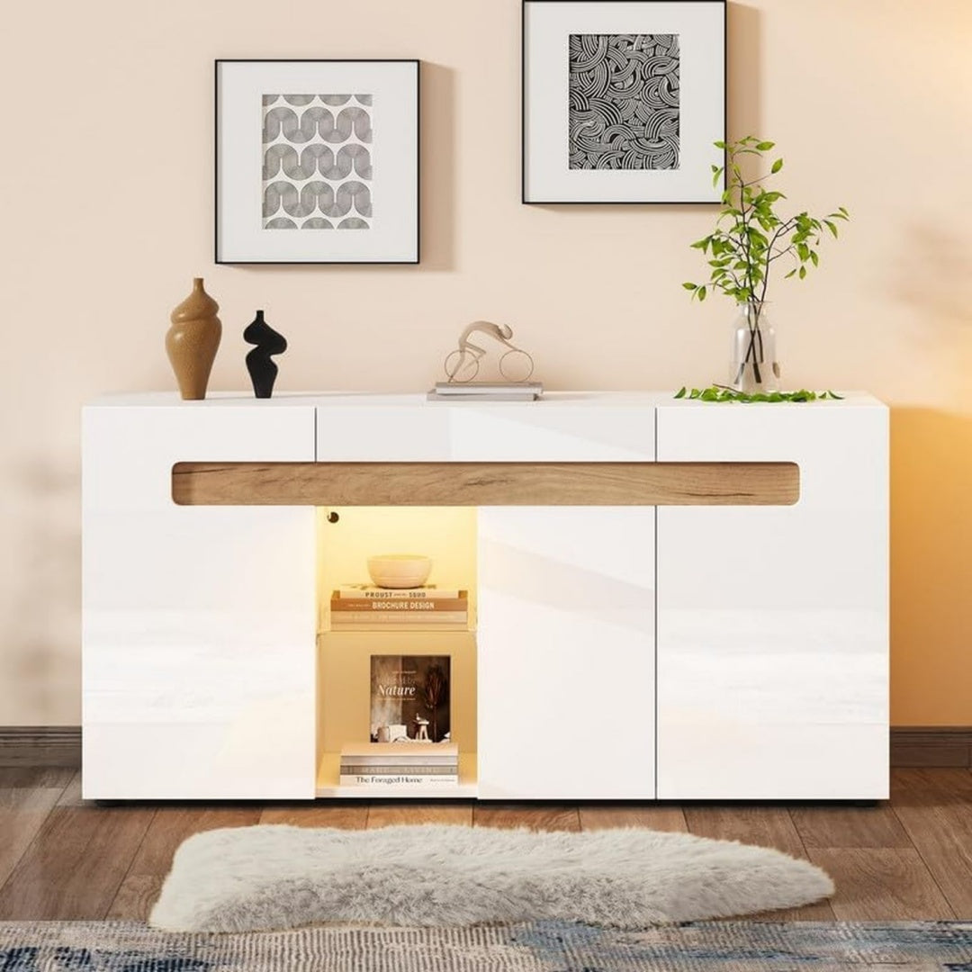 Buffet gris clair en bois massif et verre de qualite