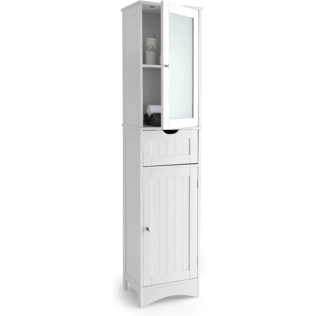 Meuble colonne gris clair, verre trempe, 30 x 30 x 170 cm, rangement intelligent